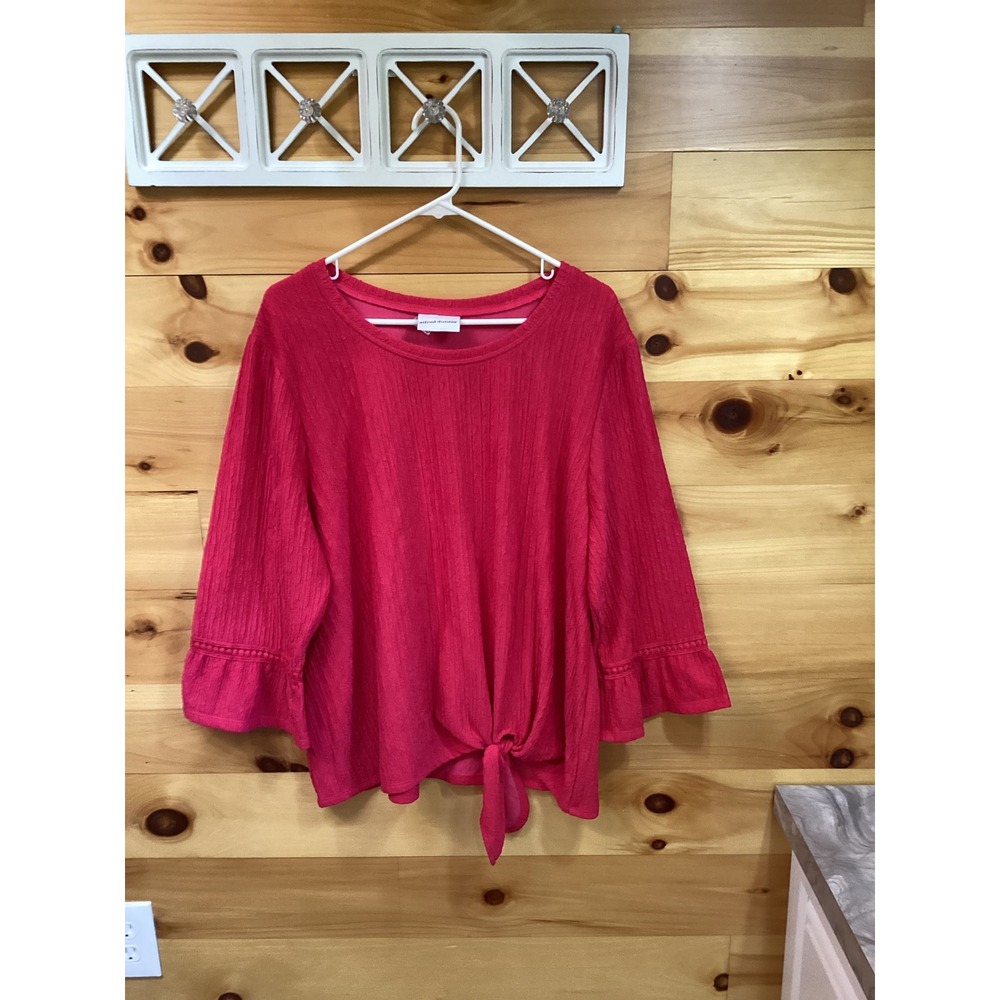 Alfred Dunner Pink Textured Front Tie Ruffle Sleeve Blouse Top XL